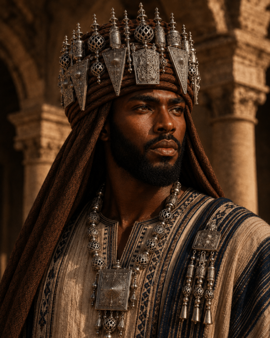 Concept study: silver drape crown worn over a wrapped head drape