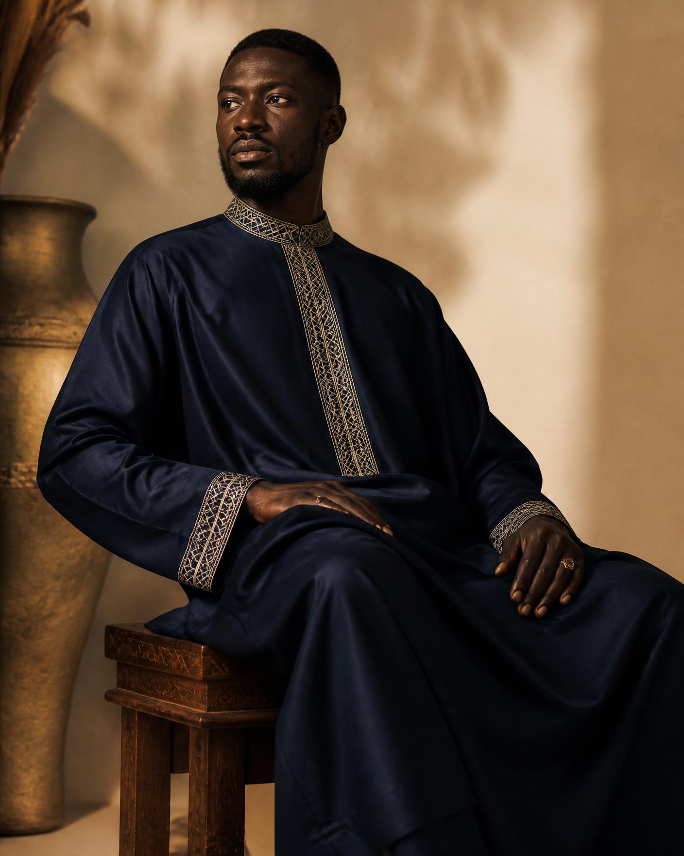 Design study of a seated modest tunic silhouette in navy