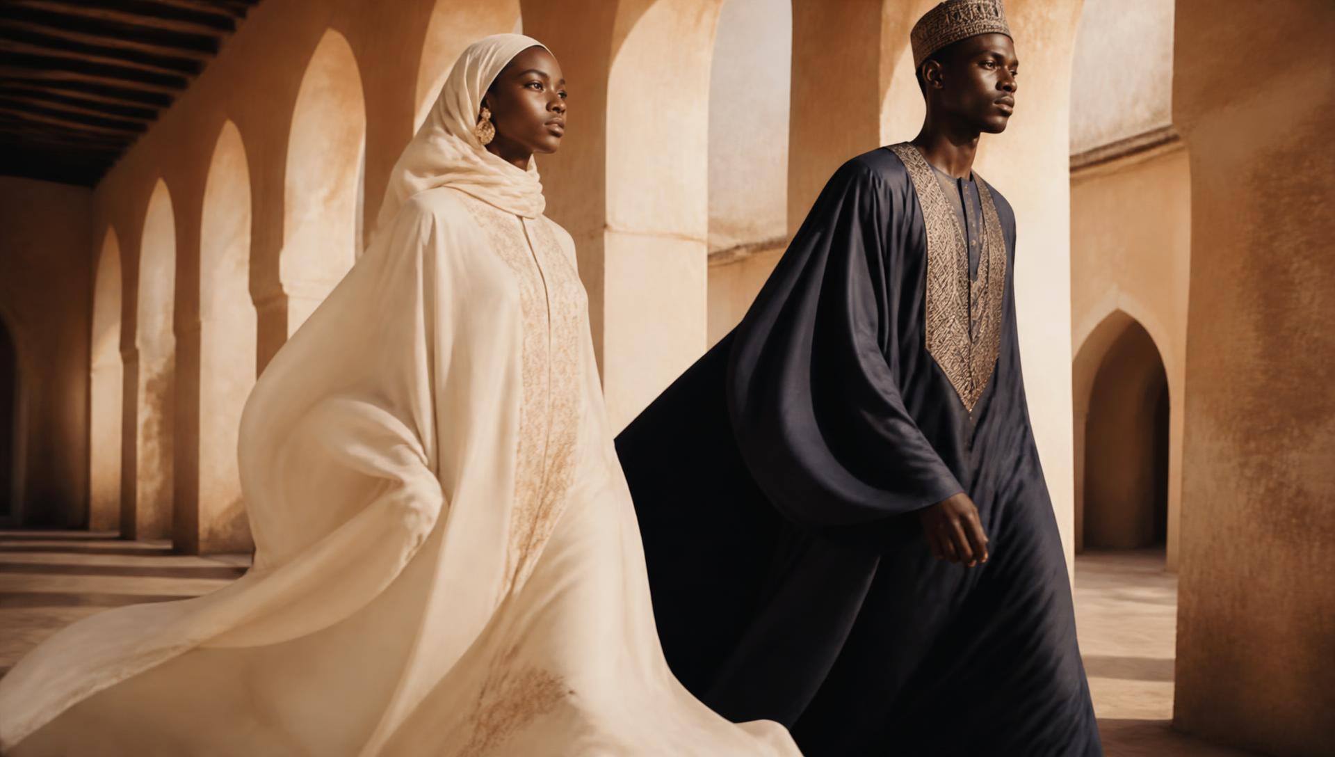 Two figures walking through a sunlit colonnade in ivory and navy flowing garments
