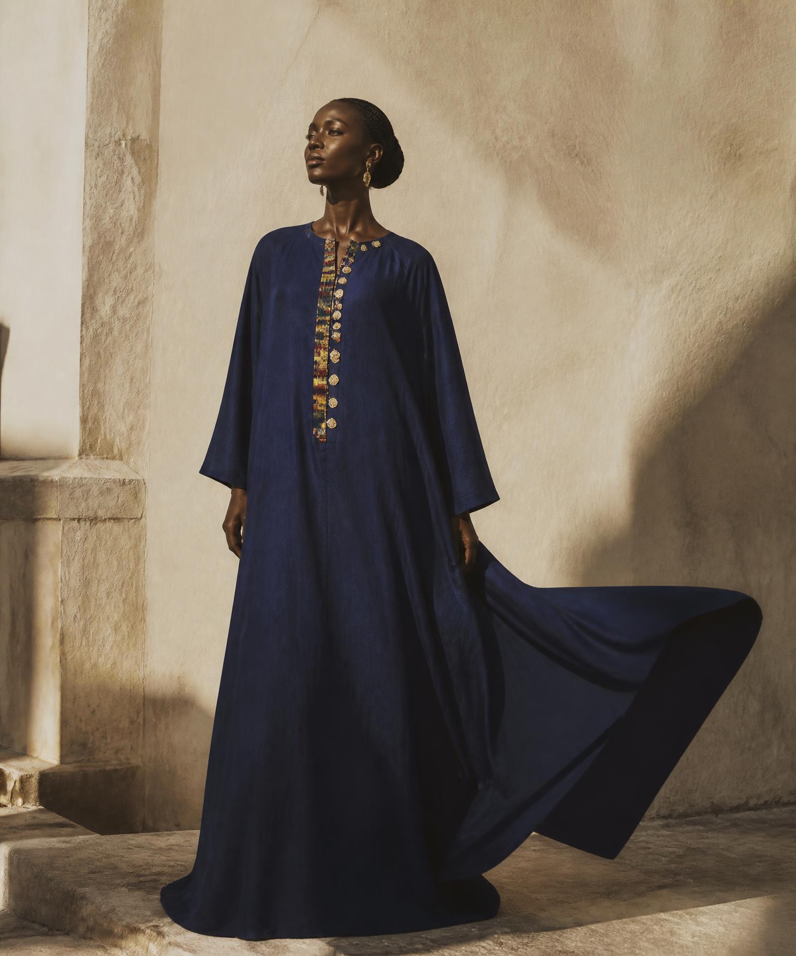 Design study for a floor-length modest boubou silhouette in Royal Blue satin