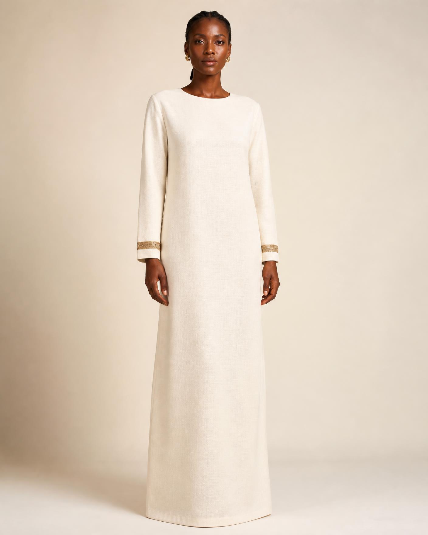 Design study of a modest column dress silhouette in warm ivory